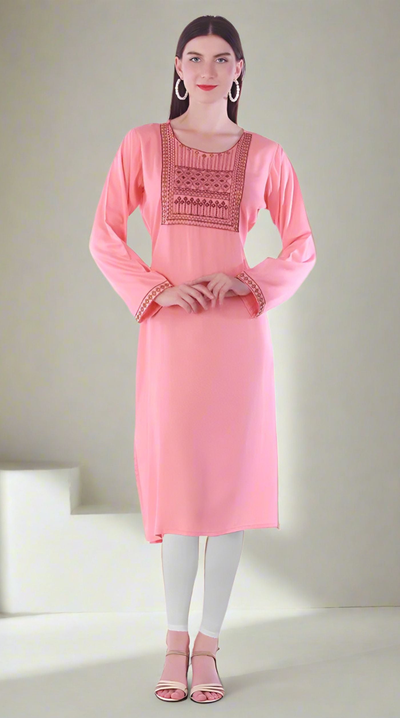 Pink Rayon Straight Embroidered Kurti