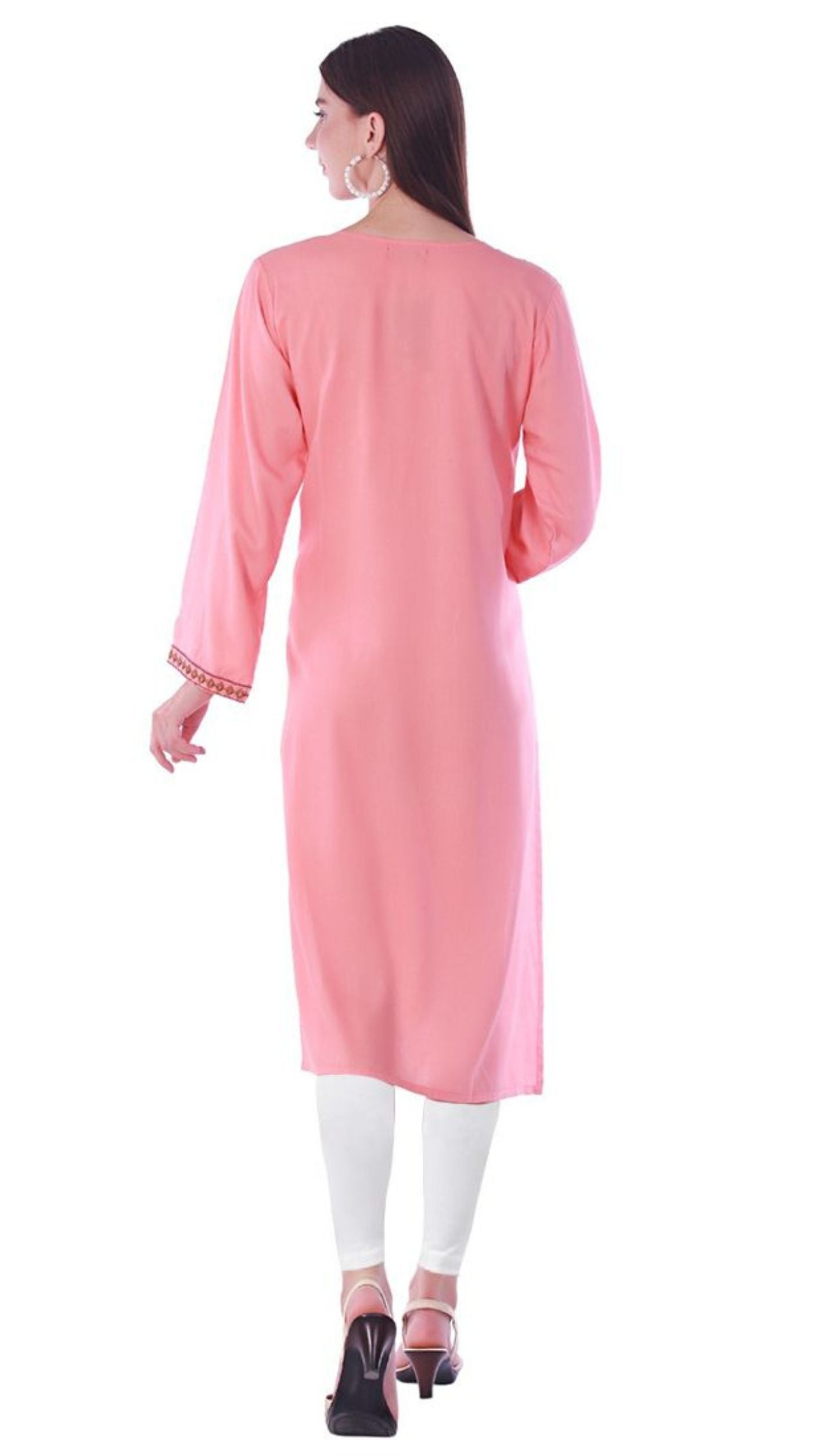 Pink Rayon Straight Embroidered Kurti