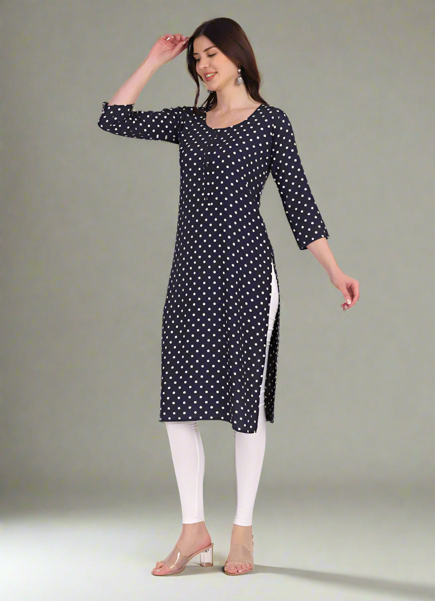 Navy Blue Polka Dot Printed Kurta