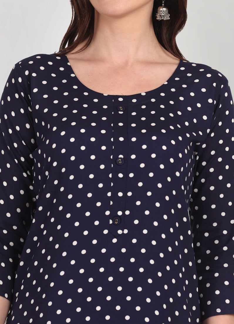 Navy Blue Polka Dot Printed Kurta