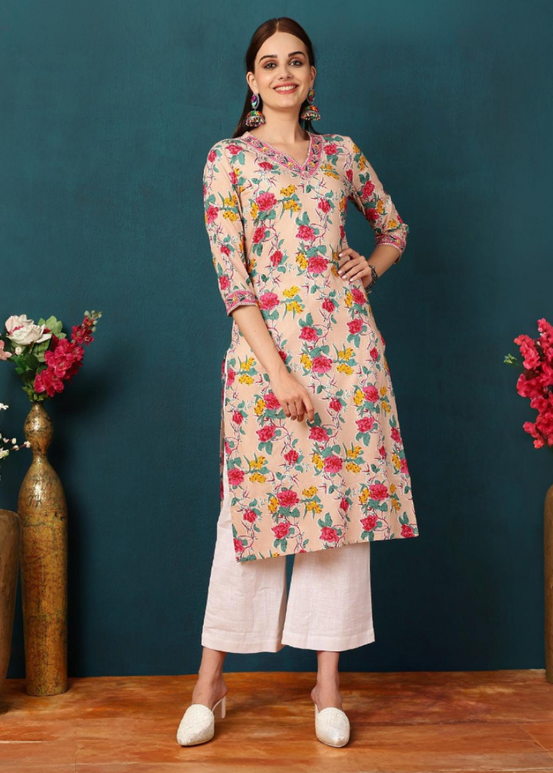 Peach Rayon Printed Kurta