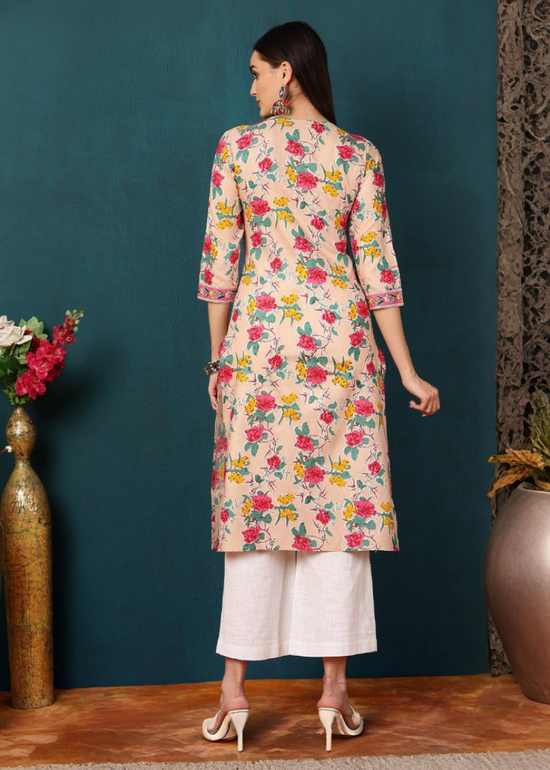 Peach Rayon Printed Kurta