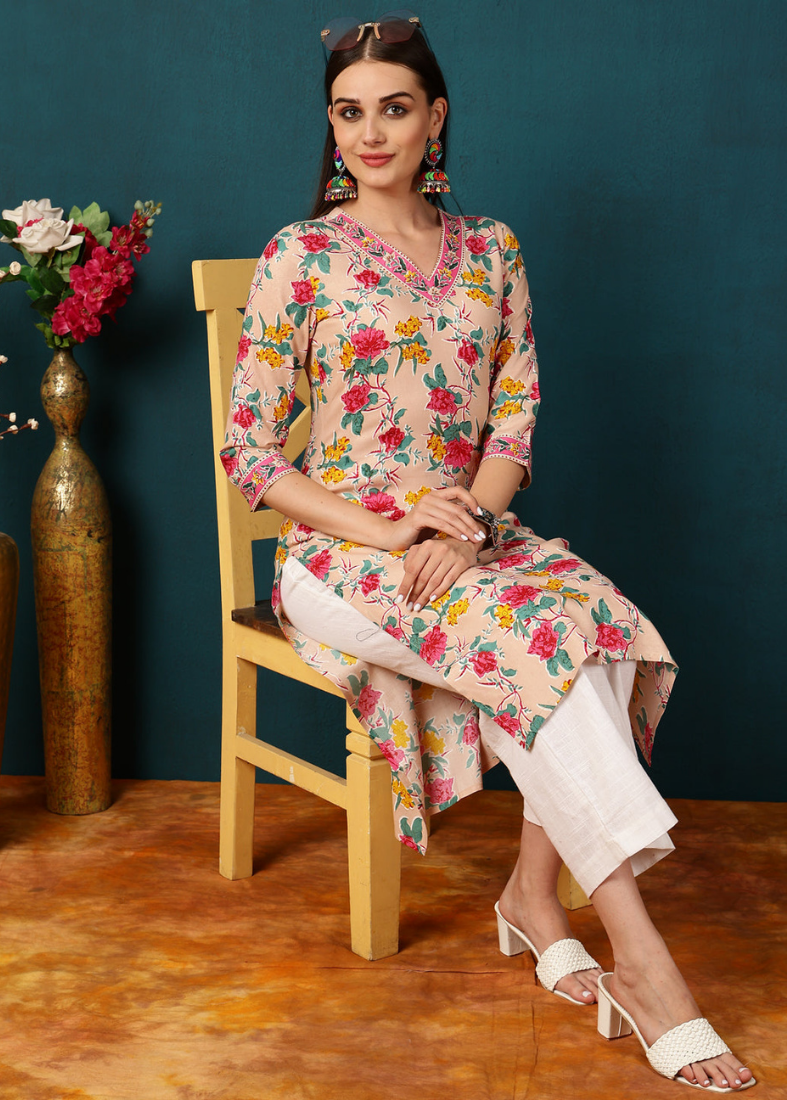 Peach Rayon Printed Kurta