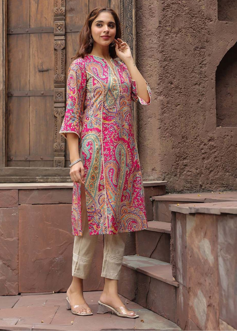 Pink Cotton Printed Kurti