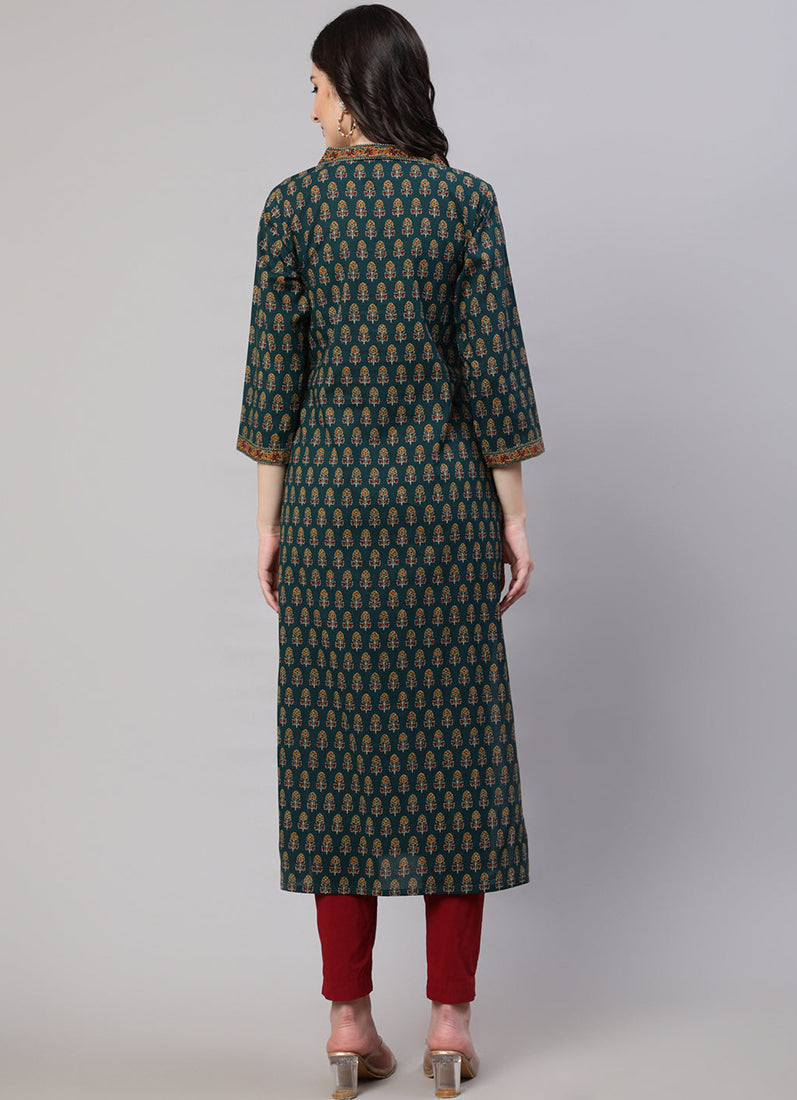 Dark Green Cotton Straight Cut Kurti