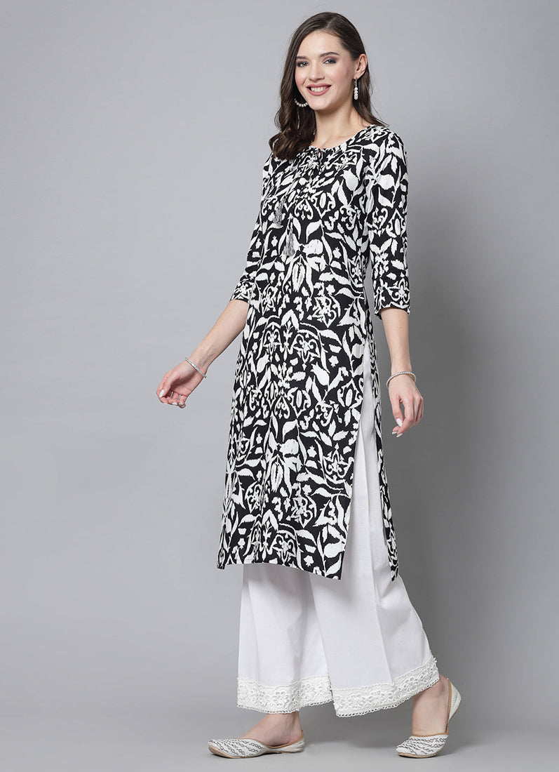 Black-White Cotton Straight Cut Kurti