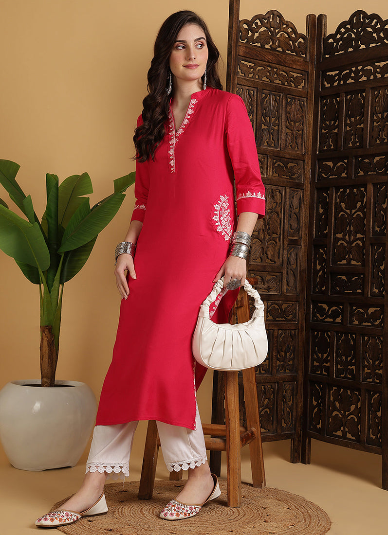 Rosy Pink Rayon Straight Cut Kurti