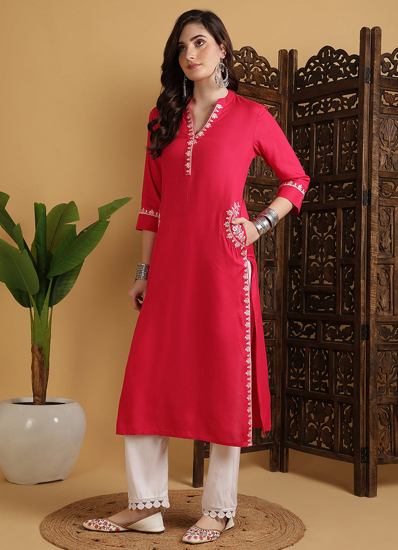 Rosy Pink Rayon Straight Cut Kurti