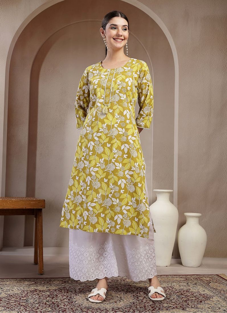 Mehendi Green Cotton A-Line Kurti