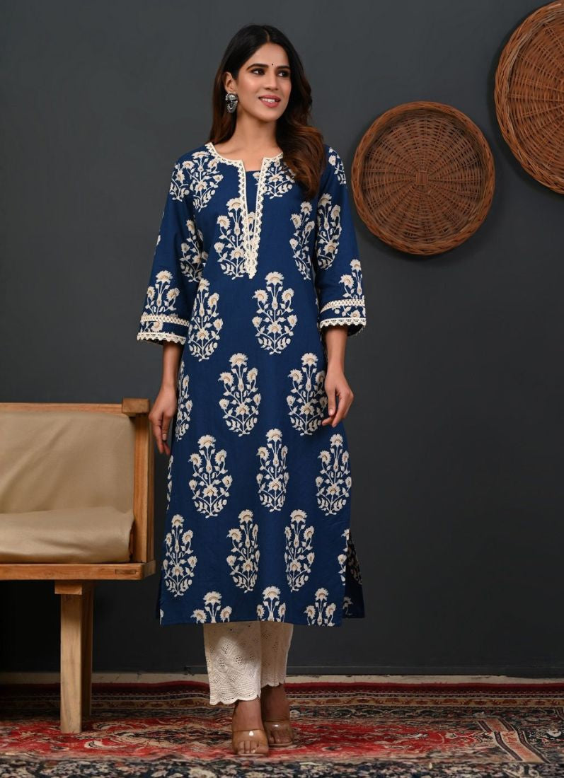 Blue Printed Cotton Straight Cut Kurti