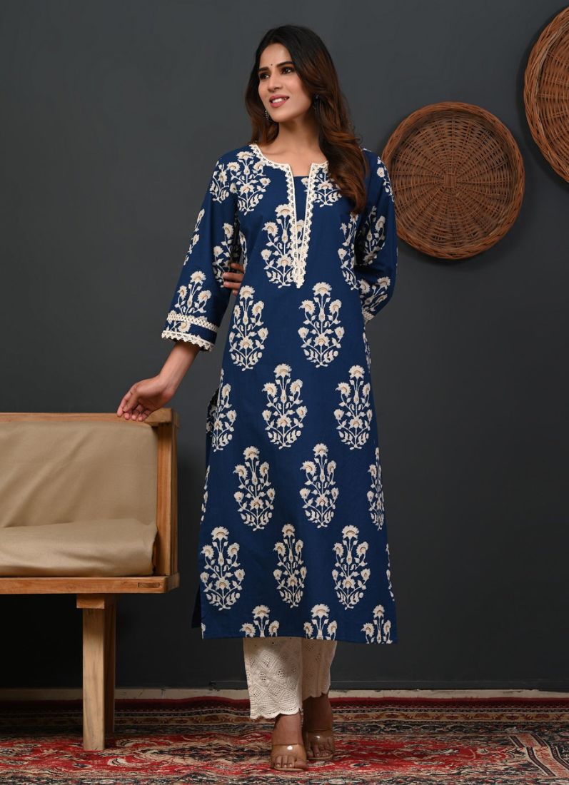 Blue Printed Cotton Straight Cut Kurti
