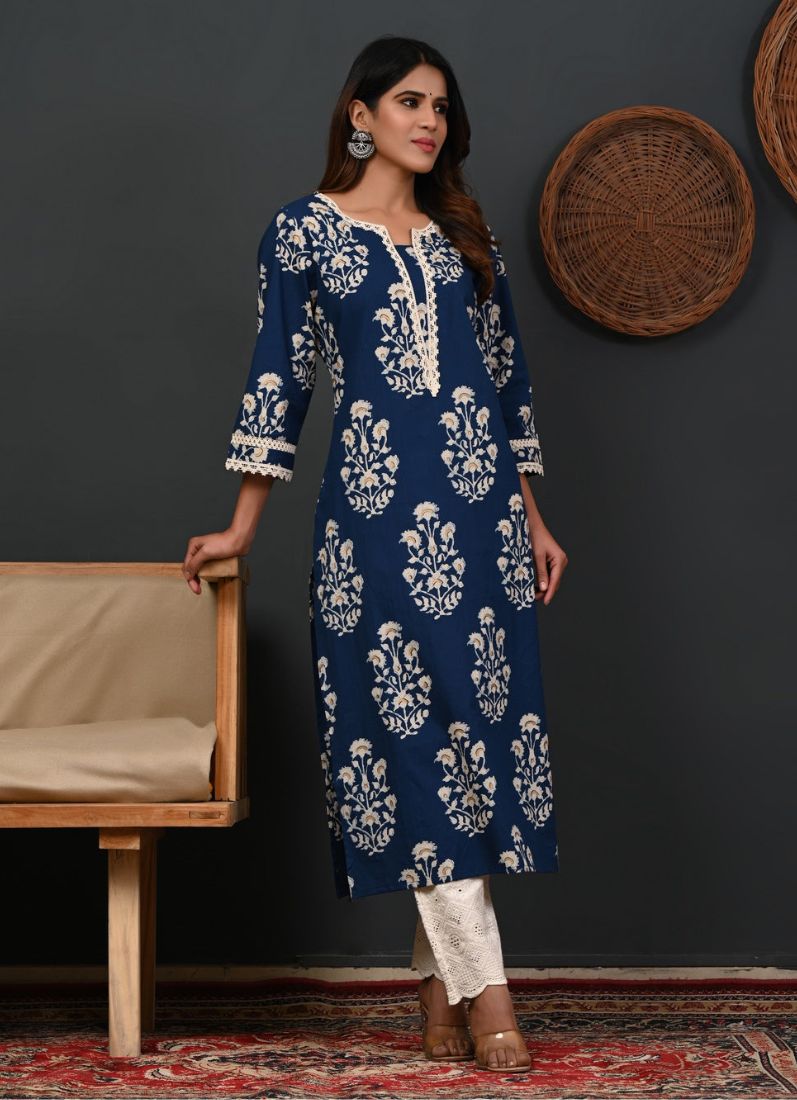 Blue Printed Cotton Straight Cut Kurti
