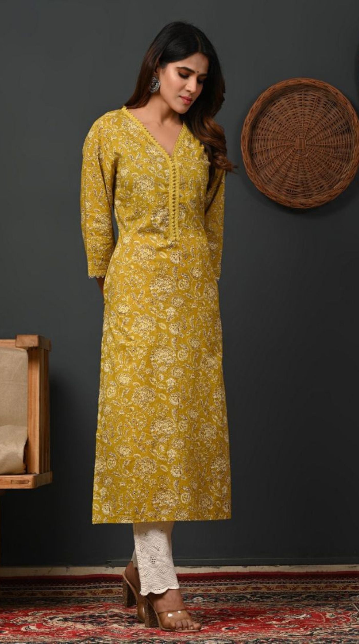 Mustard Printed Cotton Straight Cut Kurti