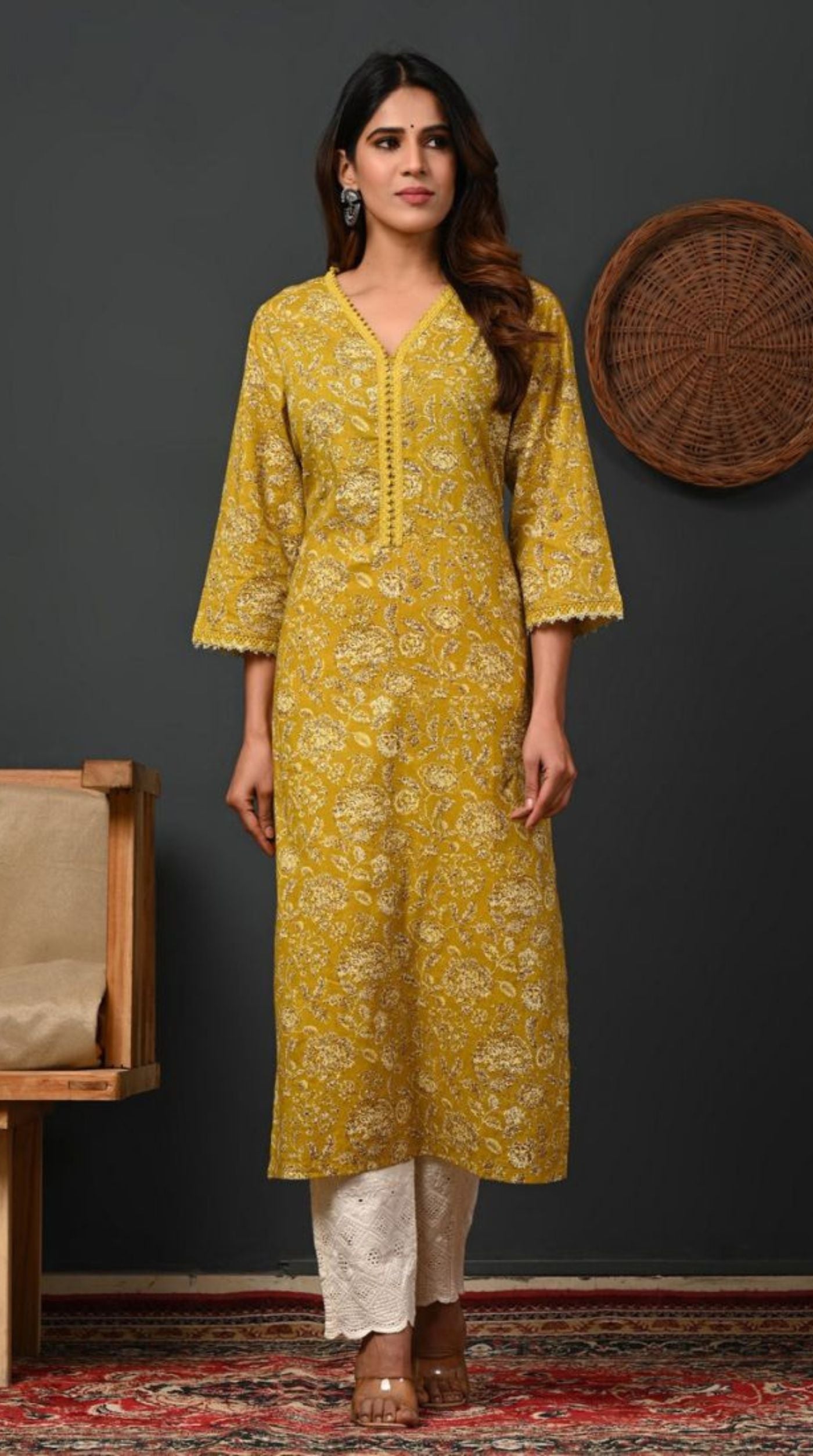 Mustard Printed Cotton Straight Cut Kurti