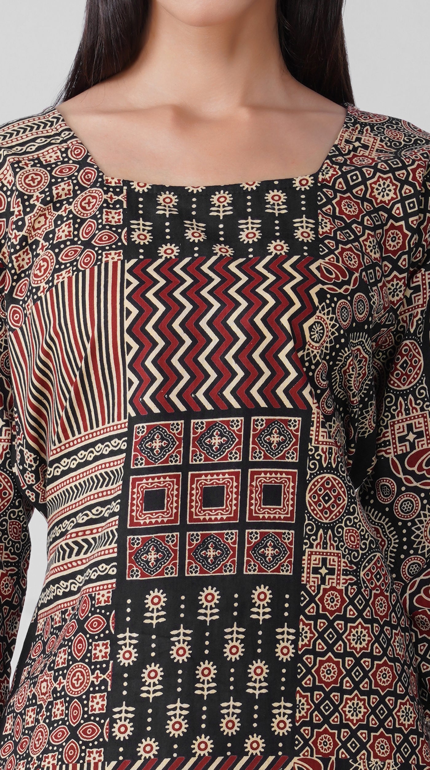 Black Printed Cotton Kurti with Square Neck & Shell Tassel Detailing