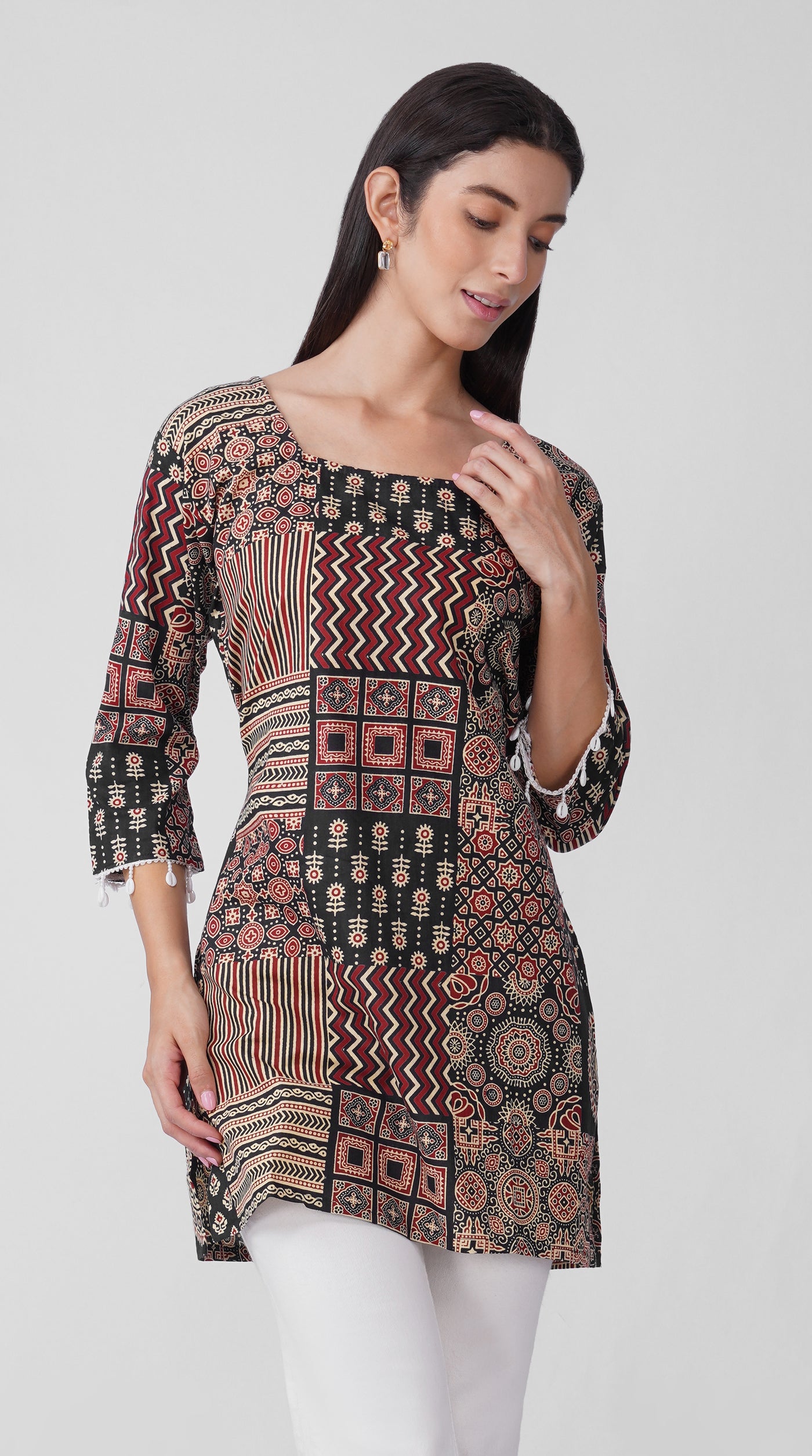 Black Printed Cotton Kurti with Square Neck & Shell Tassel Detailing