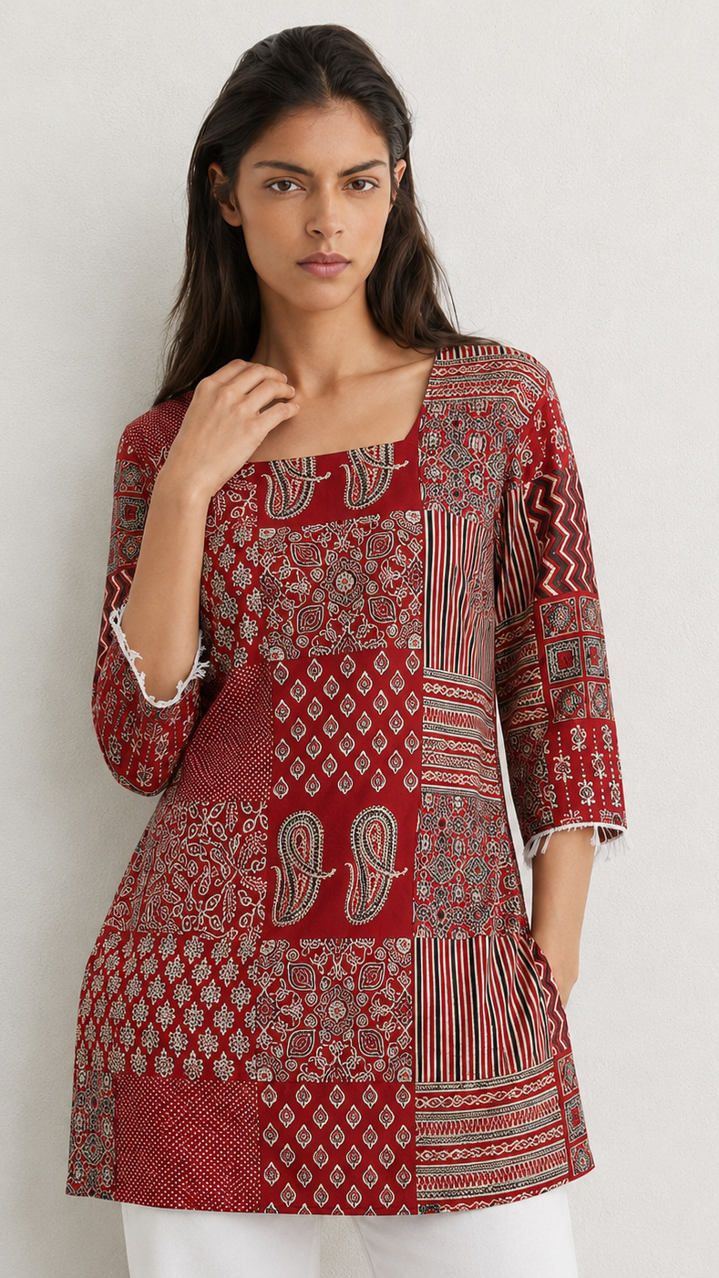 A woman modeling a red patchwork kurta with intricate geometric and paisley patterns, featuring three-quarter sleeves with white lace trim, set against a plain light gray background.