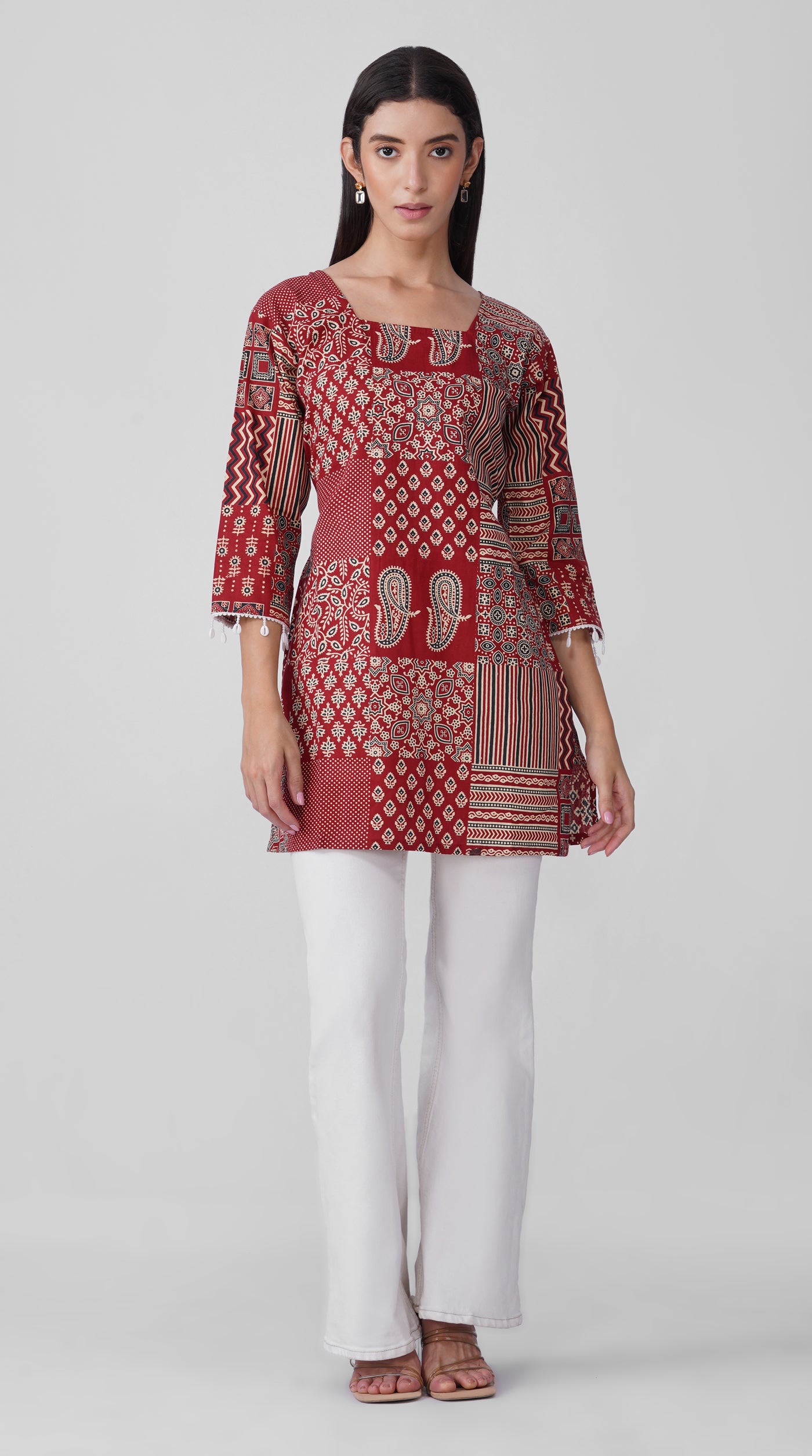 Maroon Printed Cotton Kurti with Square Neck & Shell Tassel Detailing