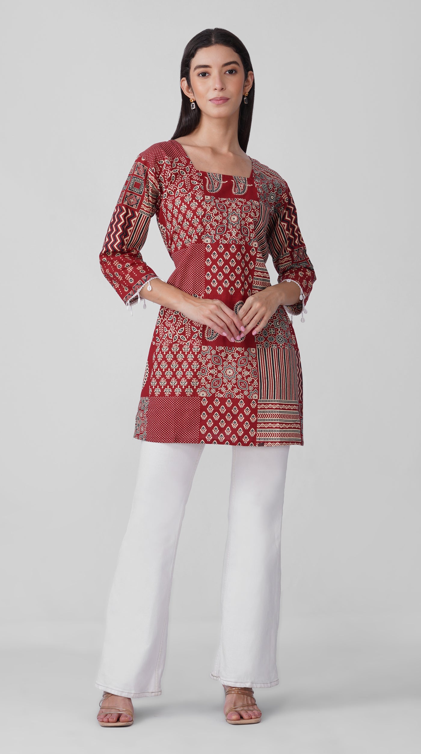Maroon Printed Cotton Kurti with Square Neck & Shell Tassel Detailing