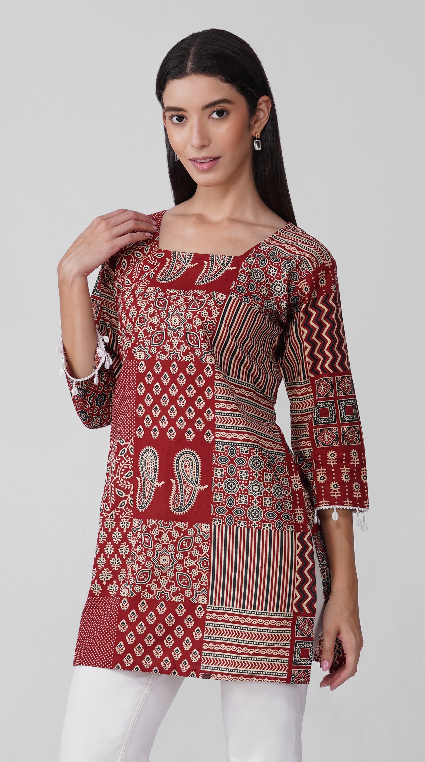 Maroon Printed Cotton Kurti with Square Neck & Shell Tassel Detailing