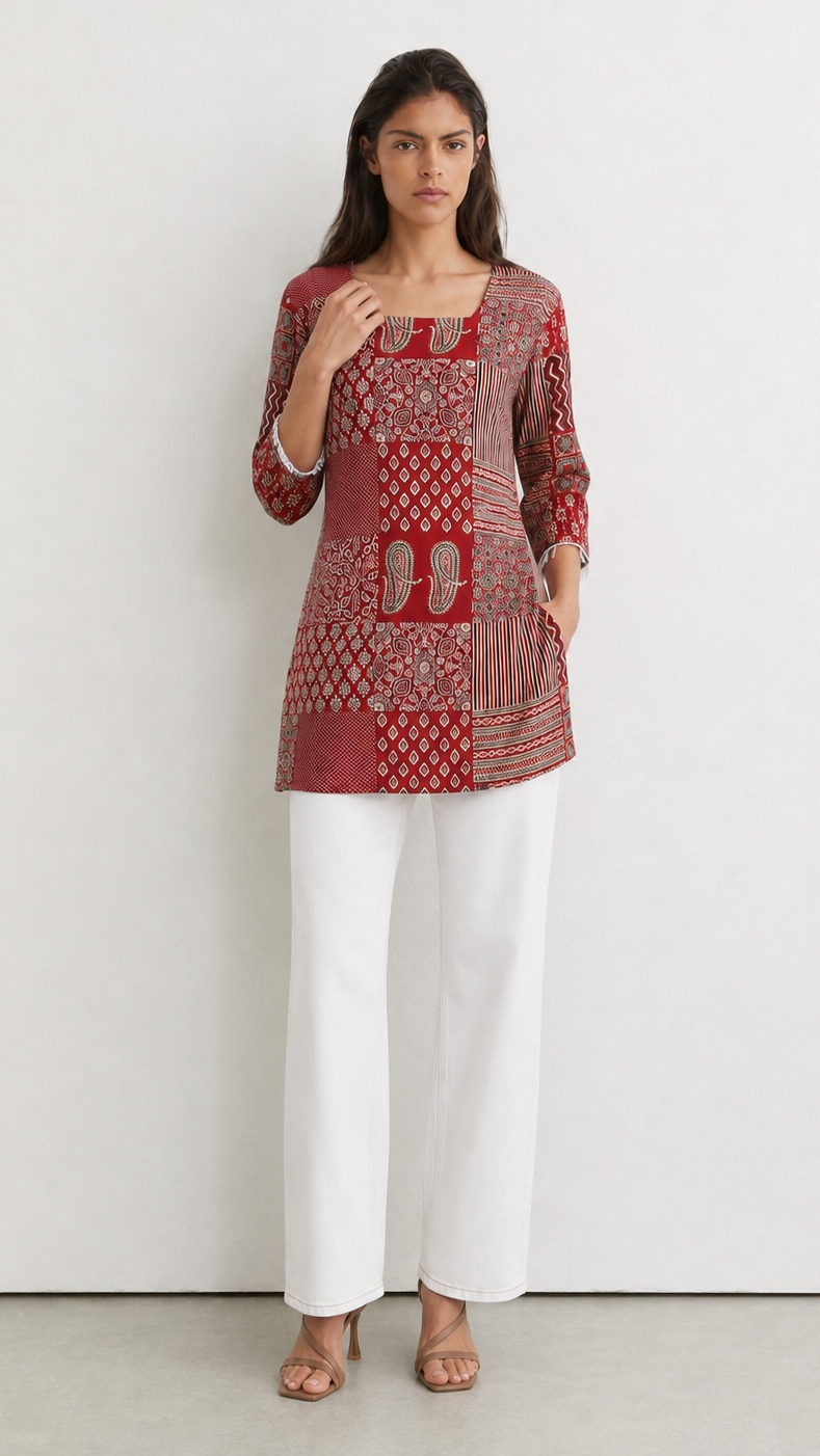 A woman modeling a red and beige patterned kurta with white wide-leg trousers and brown sandals, standing against a plain white studio wall.