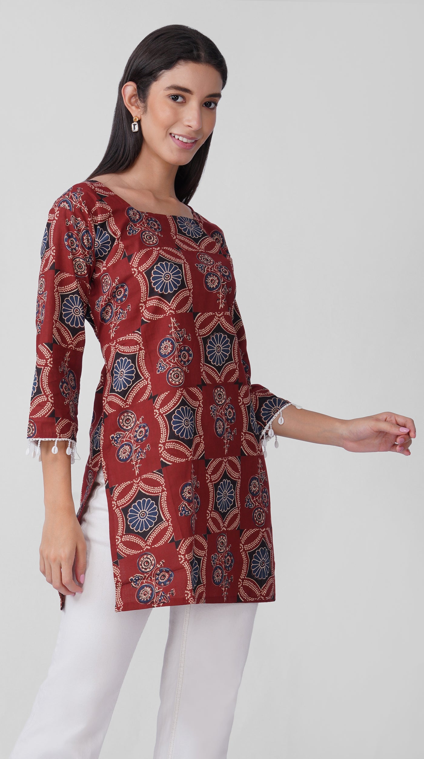 Rust Printed Cotton Kurti with Square Neck & Shell Tassel Detailing