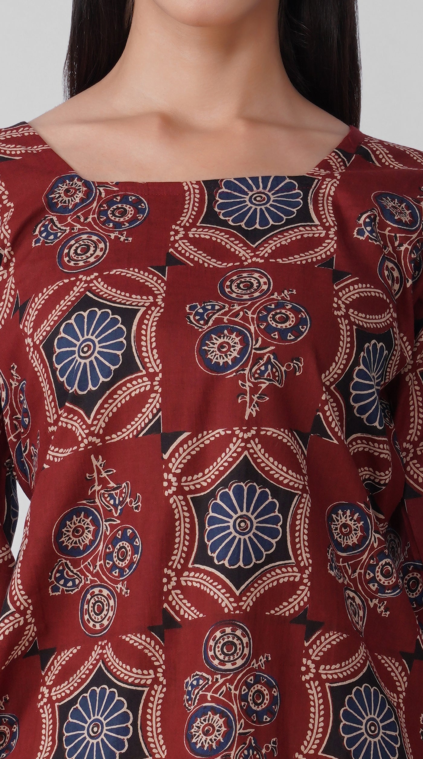 Rust Printed Cotton Kurti with Square Neck & Shell Tassel Detailing