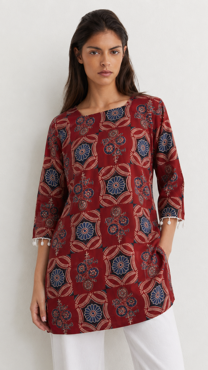 Young woman wearing a rust red printed kurta top with blue floral and paisley motifs, three-quarter sleeves, pearl-trim cuffs and white trousers.