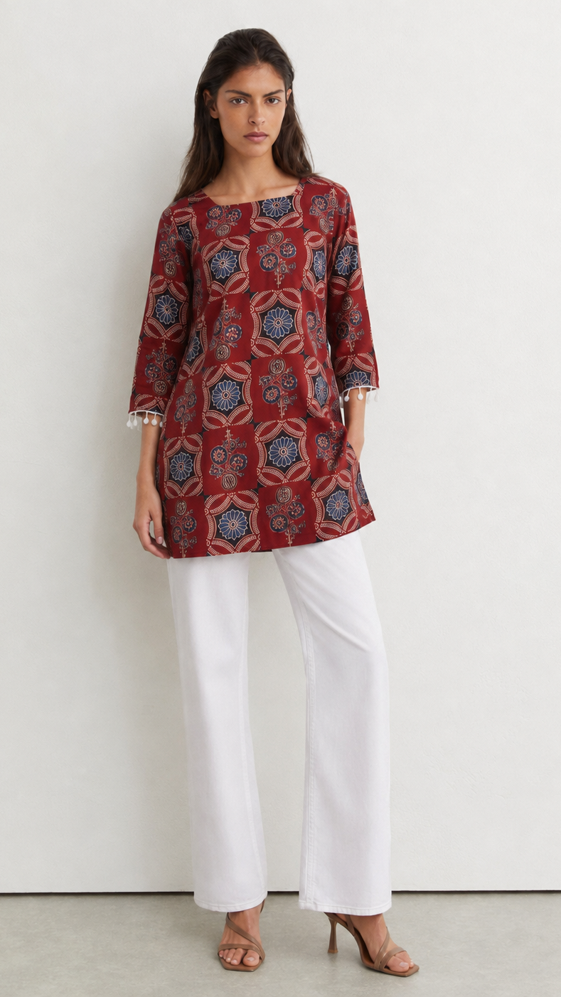 Young woman wearing a rust red printed kurta top with blue floral and paisley motifs, three-quarter sleeves, pearl-trim cuffs and white trousers.