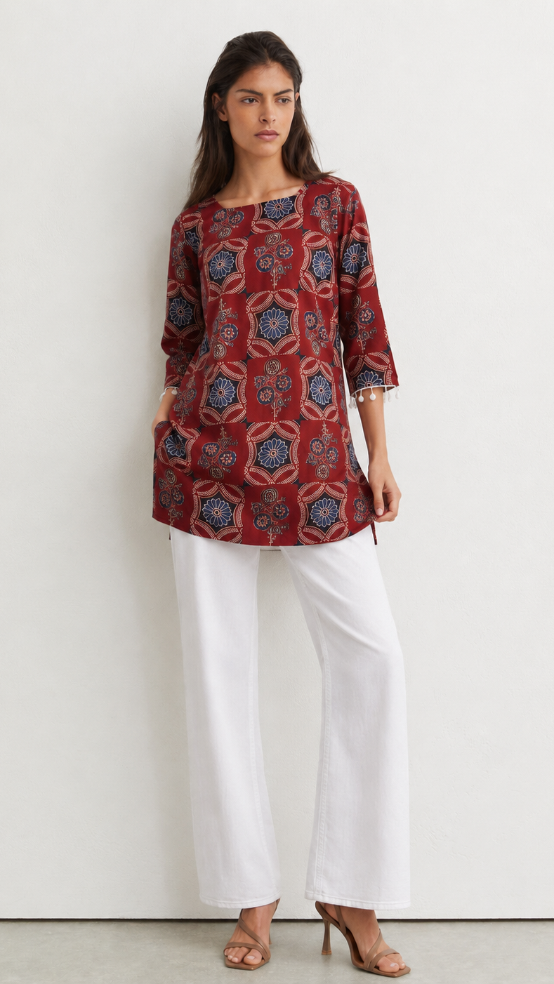 Young woman wearing a rust red printed kurta top with blue floral and paisley motifs, three-quarter sleeves, pearl-trim cuffs and white trousers.
