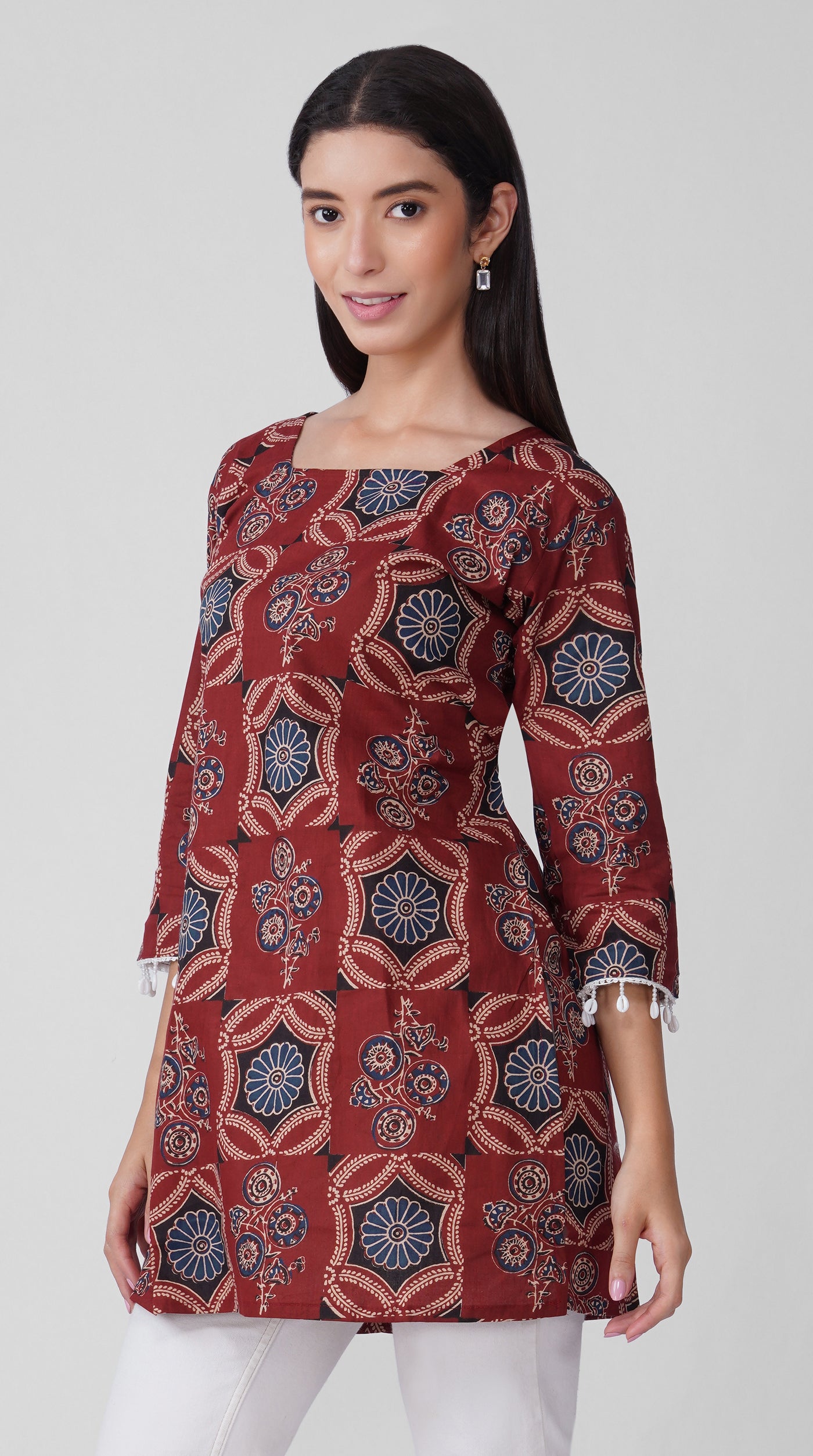 Rust Printed Cotton Kurti with Square Neck & Shell Tassel Detailing