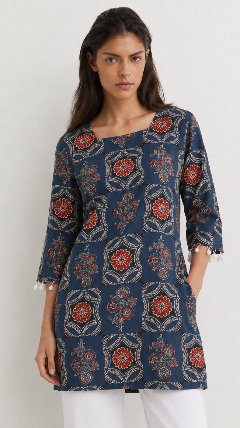 Young woman wearing a navy blue printed kurta top with rust floral and paisley motifs, three-quarter sleeves, pearl-trim cuffs and white trousers.