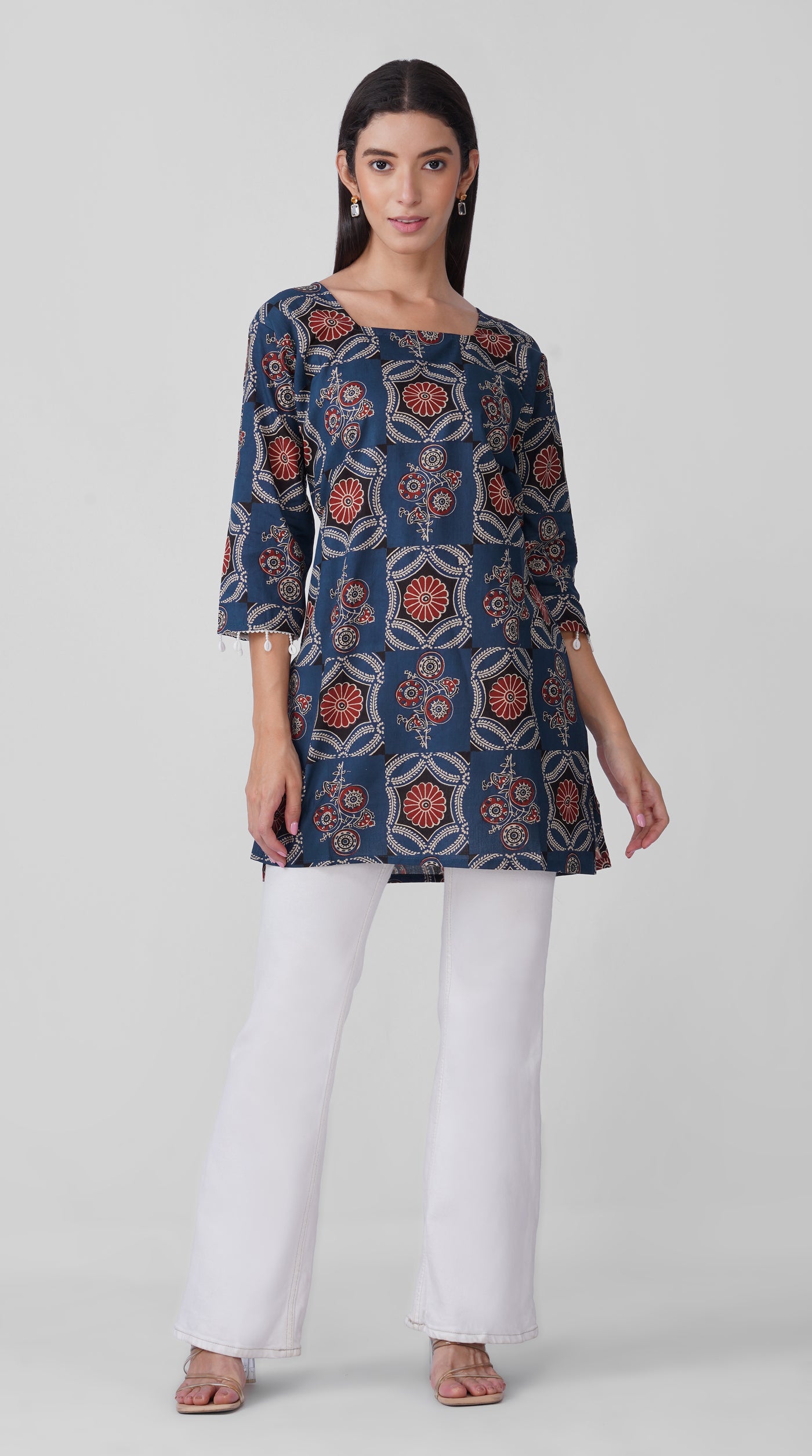 Blue Printed Cotton Kurti with Square Neck & Shell Tassel Detailing