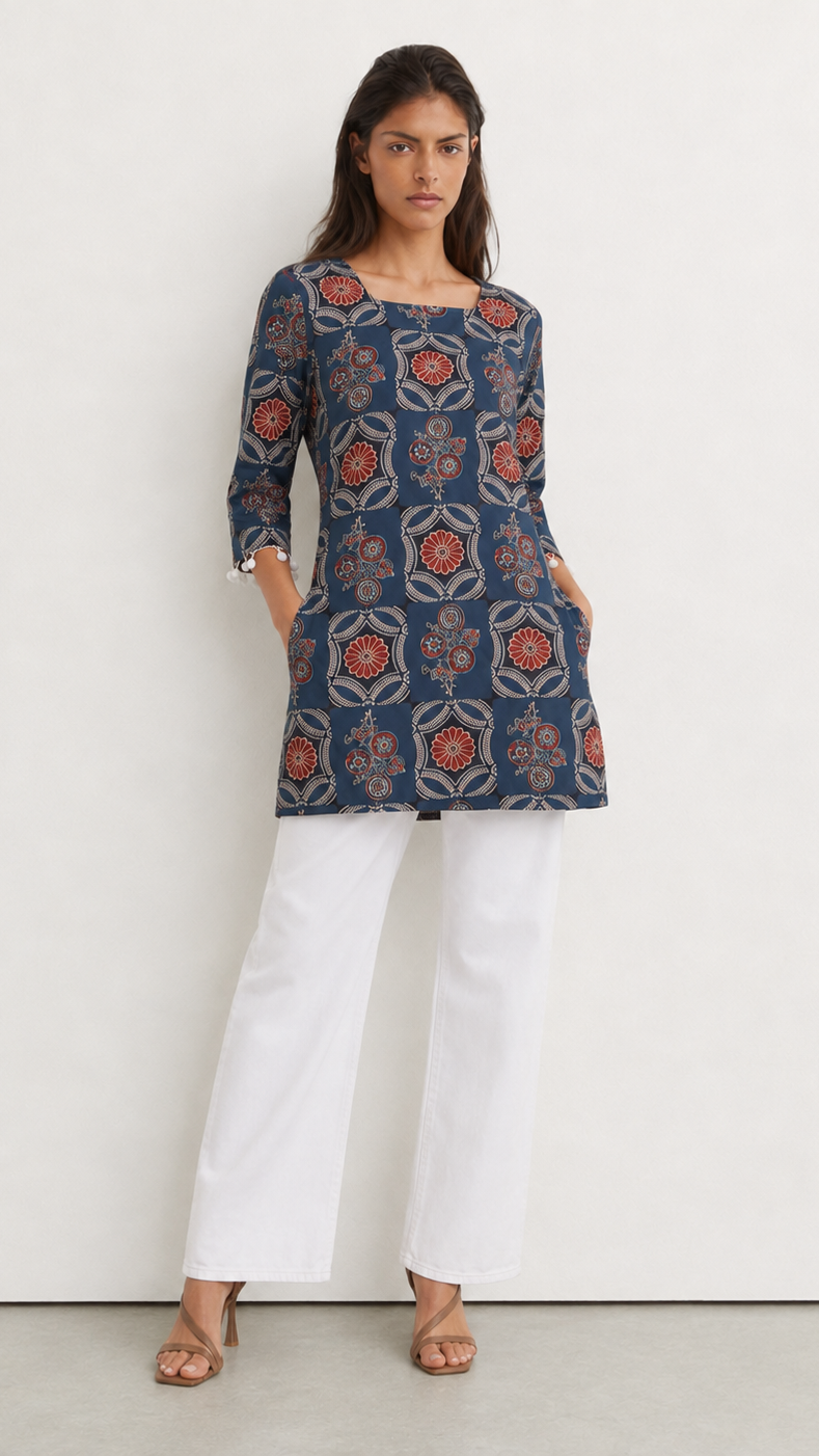 Young woman wearing a navy blue printed kurta top with rust floral and paisley motifs, three-quarter sleeves, pearl-trim cuffs and white trousers.