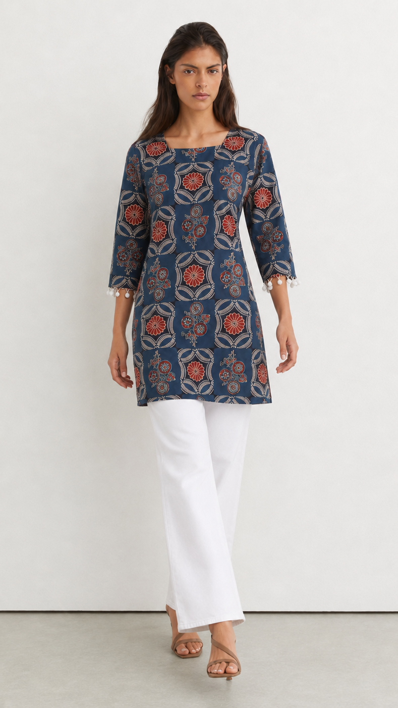 Young woman wearing a navy blue printed kurta top with rust floral and paisley motifs, three-quarter sleeves, pearl-trim cuffs and white trousers.