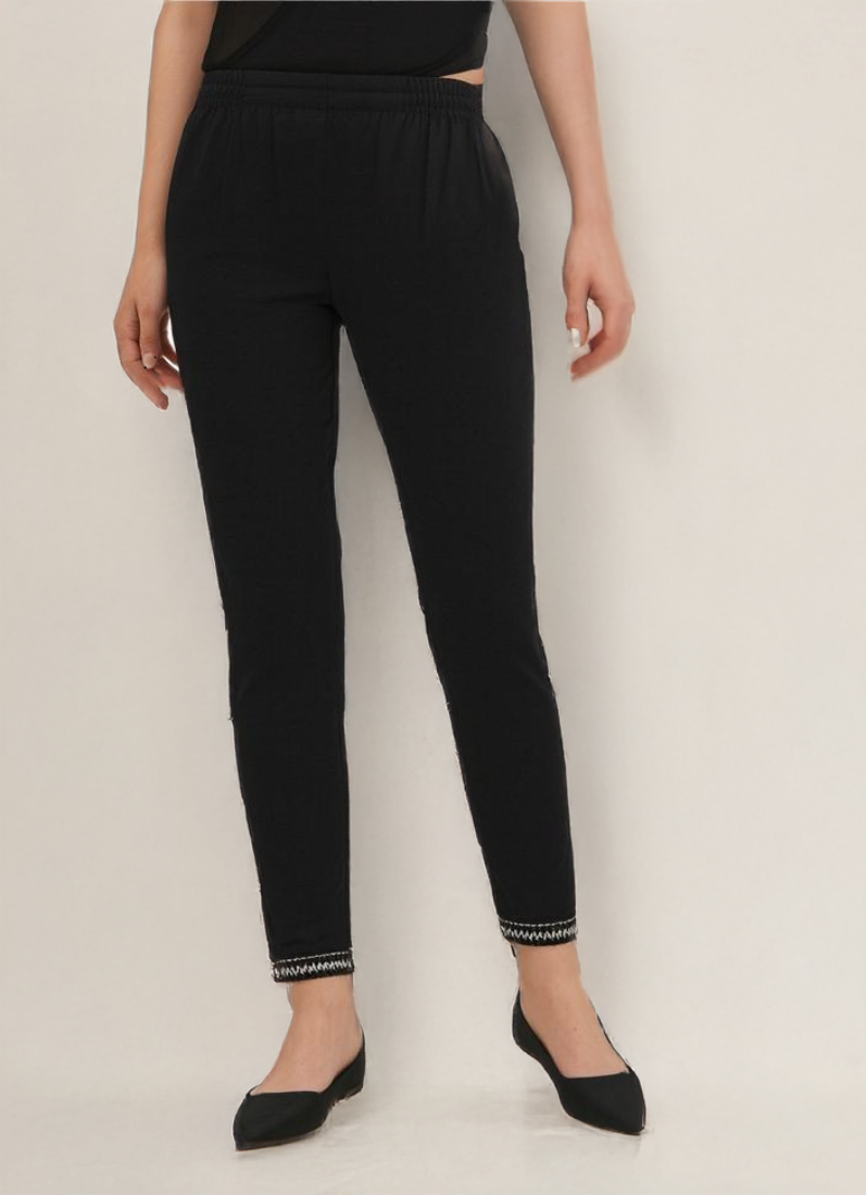 Black Trousers with Silver Hem Embroidery
