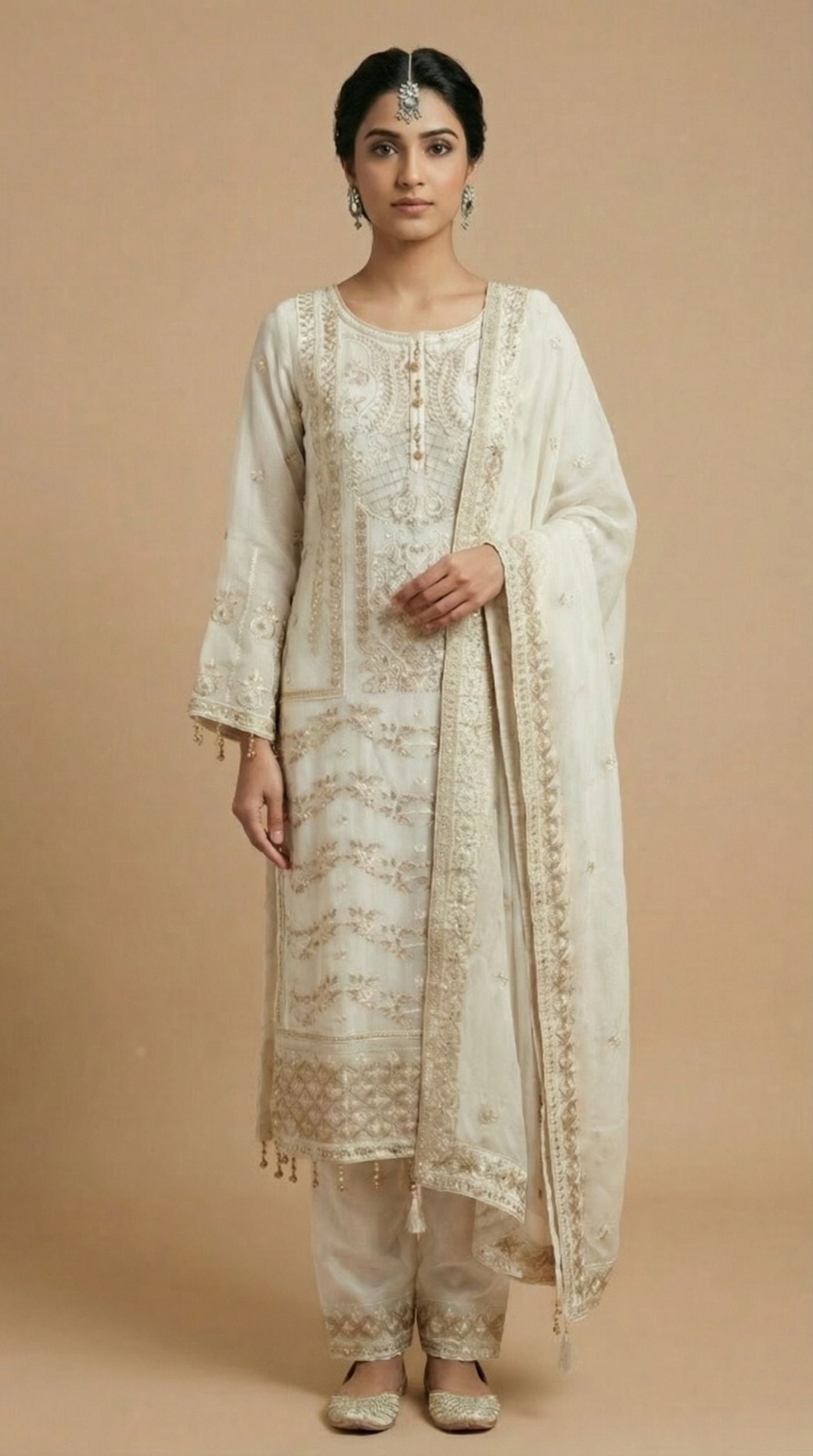 White Embroidered Chiffon Trouser Set