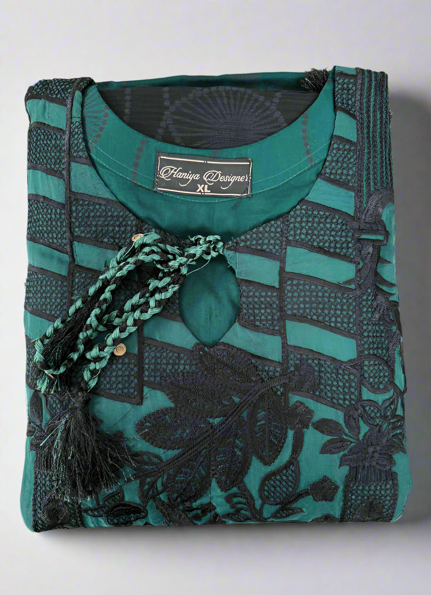 Teal Trouser Suit with Black Embroidery