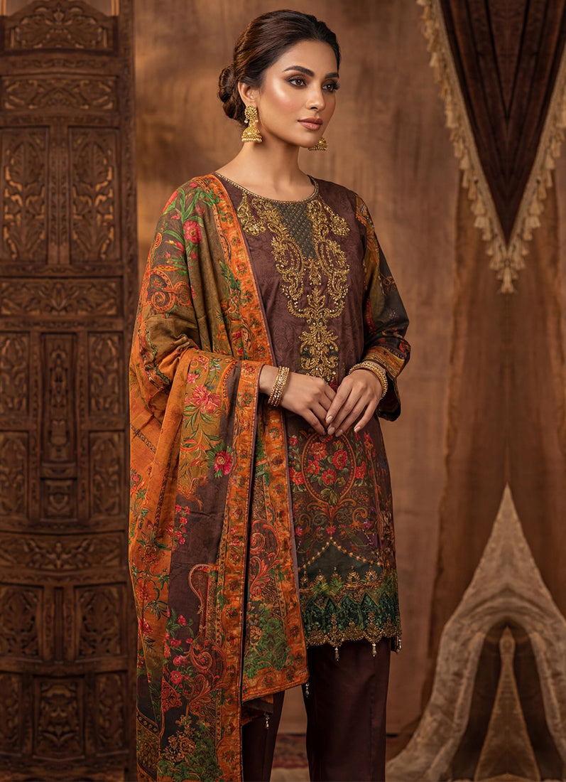 Brown Dhanak Embroidered Suit With Print Dupatta