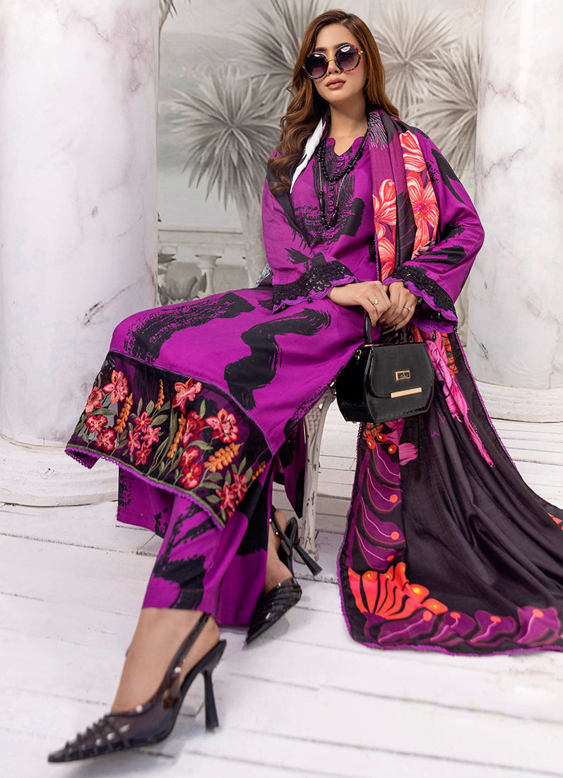 Purple Linen Wool Shawl Suit Set