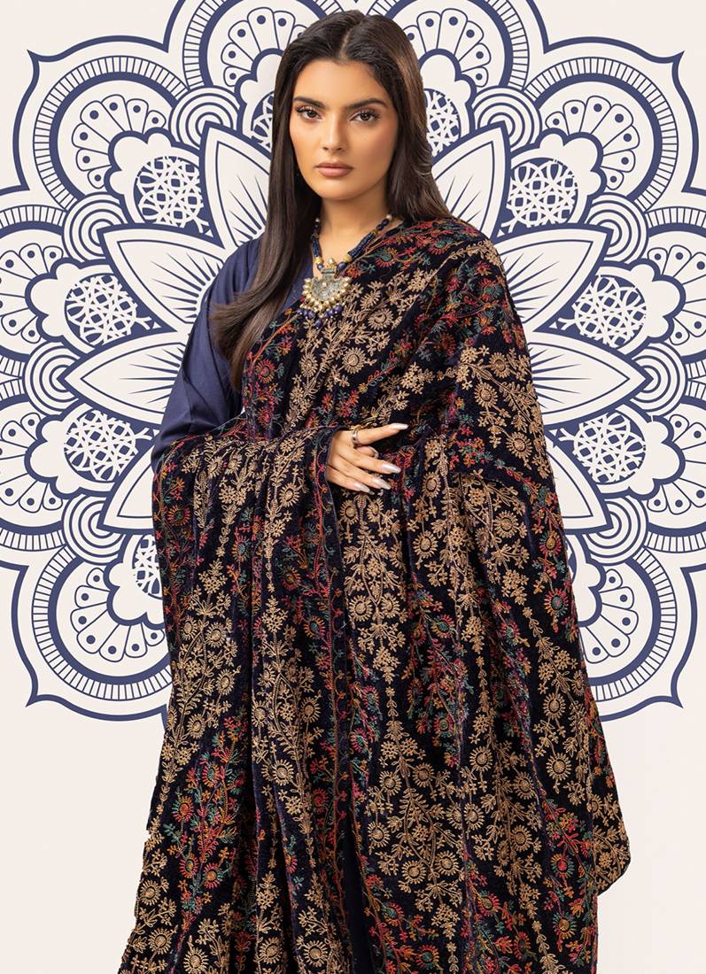 Navy Blue Velvet Embroidery Shawl Suit Set