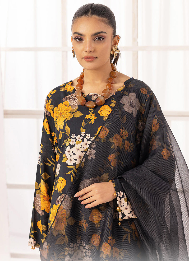 Black Lawn Digital Printed Suit Set
