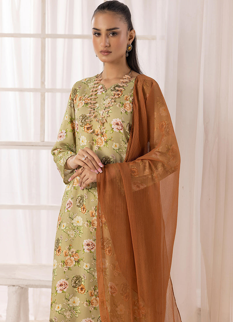 Moss Green Lawn Digital Printed Suit Set