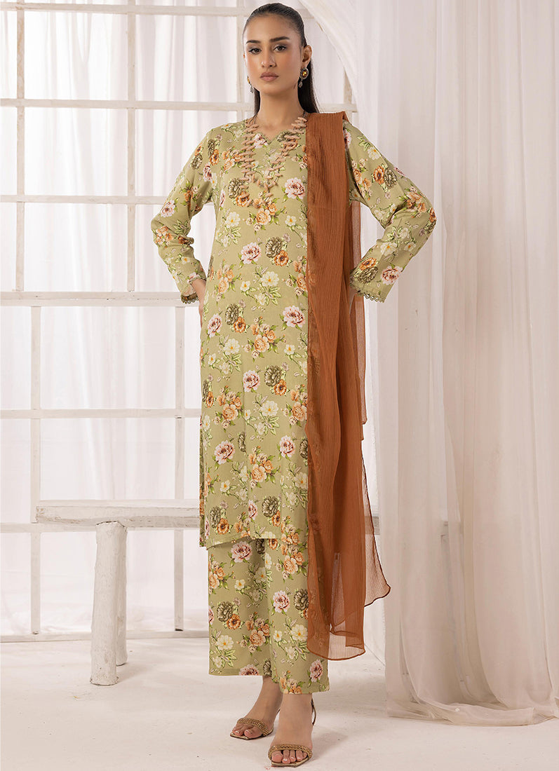 Moss Green Lawn Digital Printed Suit Set
