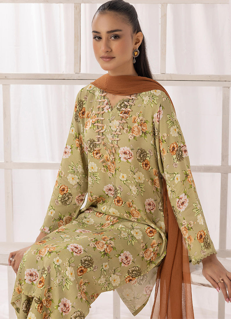Moss Green Lawn Digital Printed Suit Set