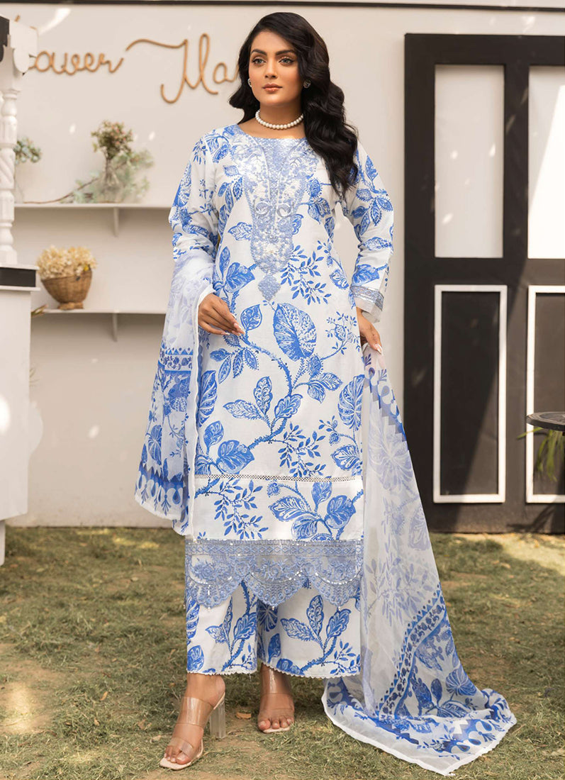 White-Blue Printed Lawn Embroidered Suit Set