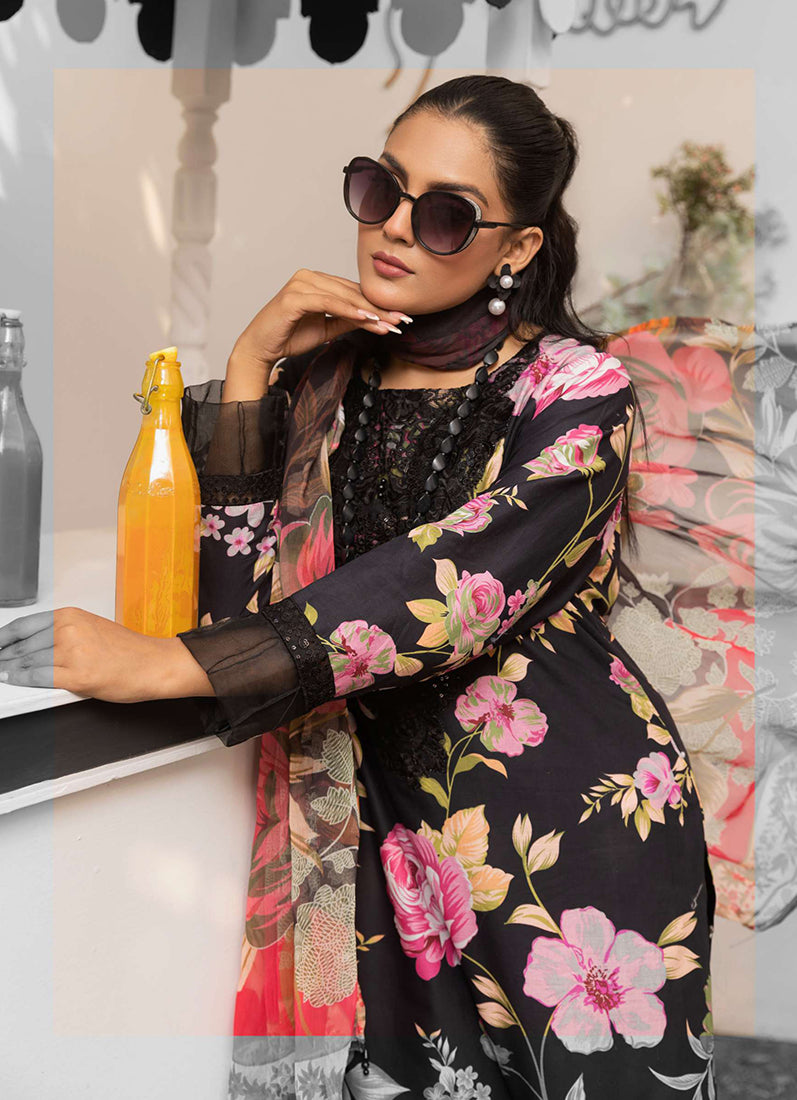 Black Printed Lawn Embroidered Suit Set