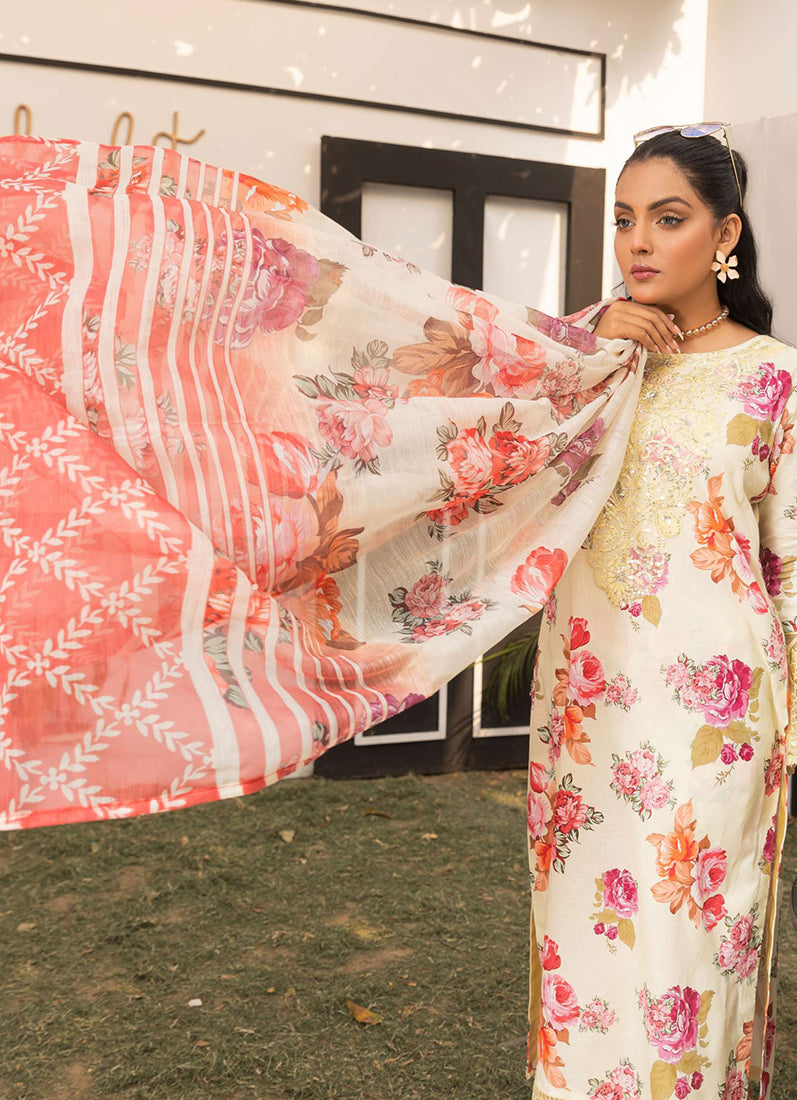 Yellow Printed Lawn Embroidered Suit Set