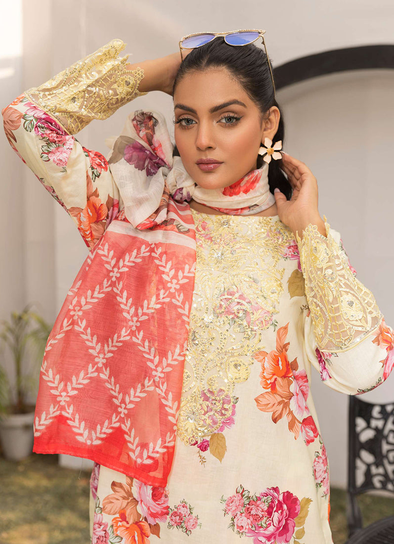 Yellow Printed Lawn Embroidered Suit Set