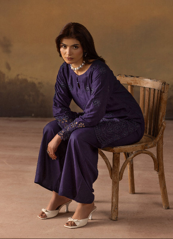 Elegant Navy Blue Linen Chikankari Co-Ord Set for Women